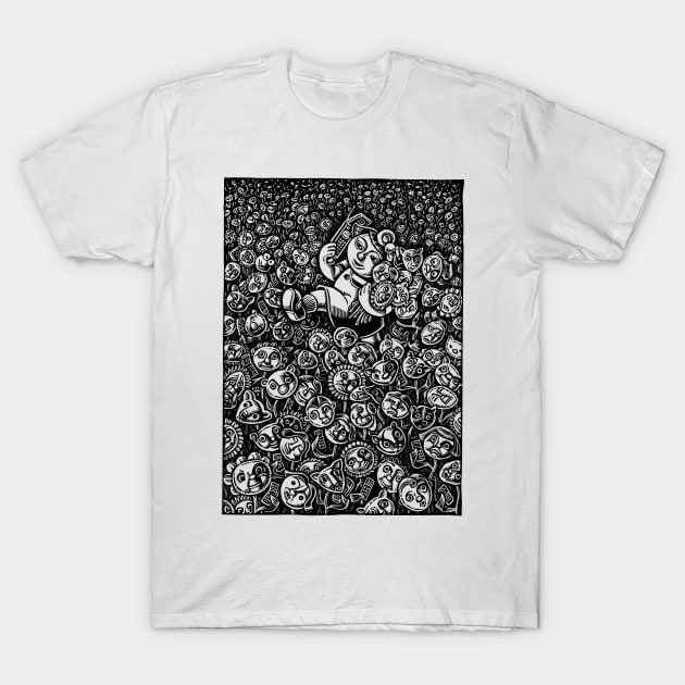 Girl in Field of Friendly Flowers Chatting on Phone T-Shirt by Lisa Haney